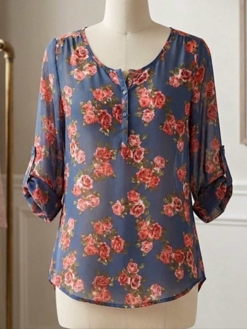 Bobbie Brooks Floral Sheer Roll Tab Sleeve Blouse L Rose Print Boho Cottagecore